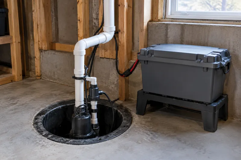 A sump pit with a main pump and a second backup pump on the discharge pipe, and a gray battery box on a stand beside the pit